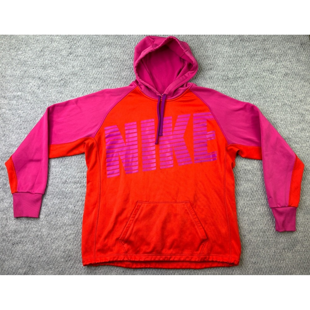 Nike Therma-FIT Womens Large Pink Orange Colorblock Pullover Hoodie Big Logo